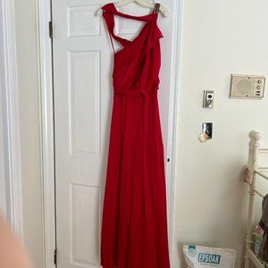BCBG Max Azria Red Asymmetrical Off-Shoulder Prom Dress with Gold Sequin strap